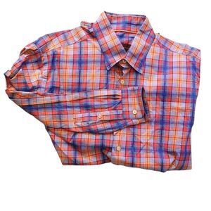 Robert Talbott Classic Shirt Mens Sz L Blue Orangish-Red Plaid Cotton